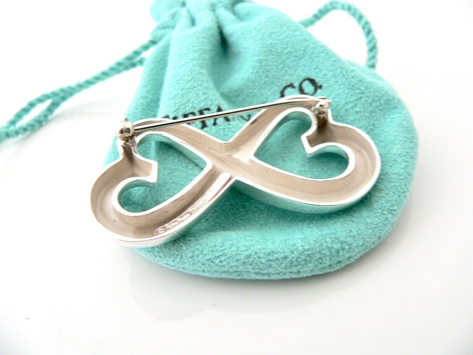 Tiffany & Co Silver Picasso Double Loving Heart Pin Brooch Gift Love Pouch