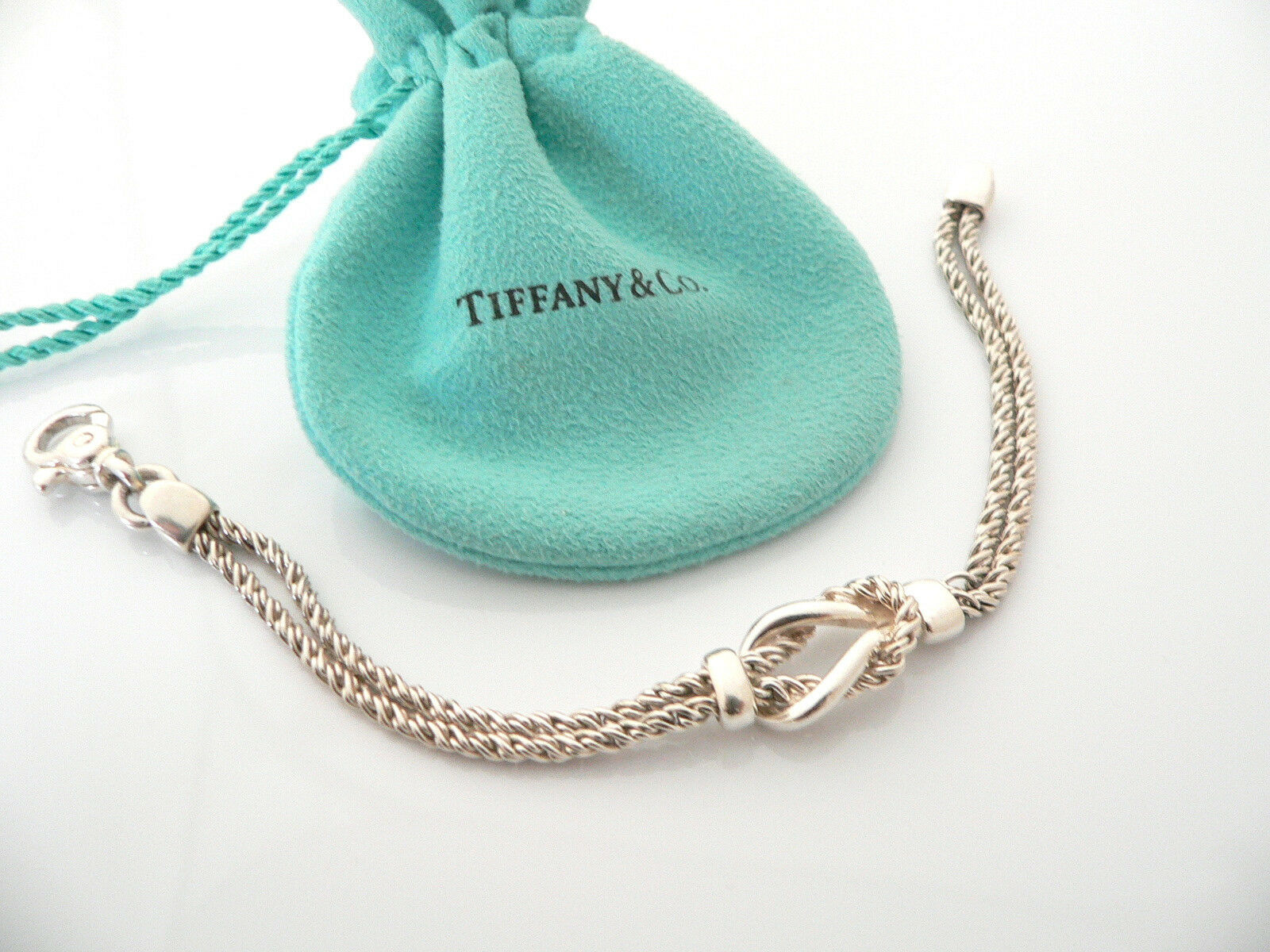 Tiffany & Co Silver Double Rope Knot Bracelet Bangle Rare 7.5 In Gift Love Pouch