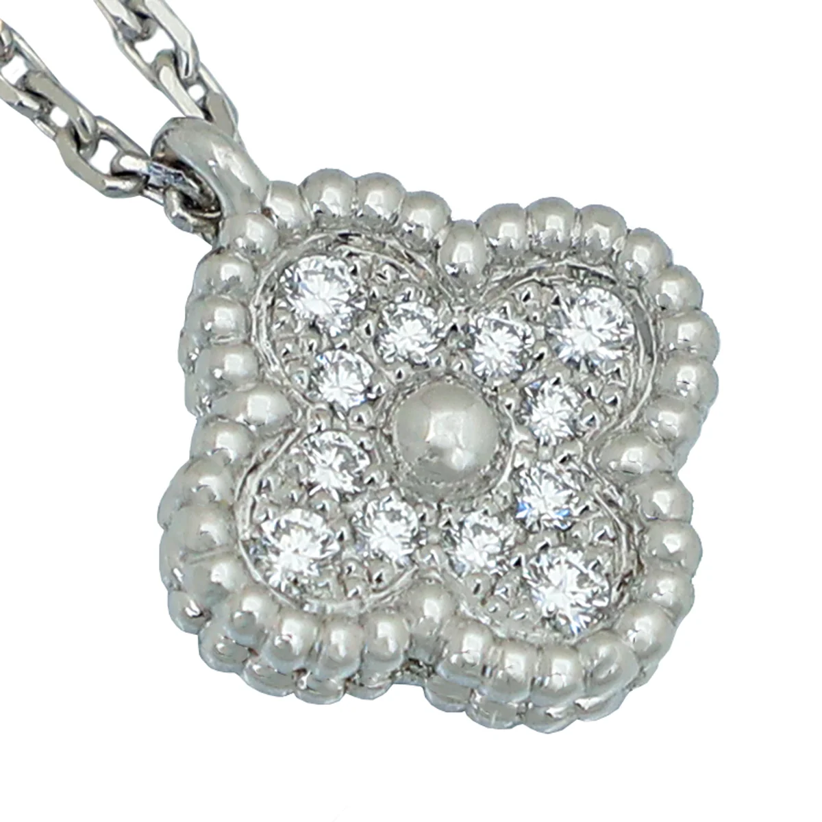 Van Cleef & Arpels 18K White Gold Diamond Sweet Alhambra Pendant Necklace
