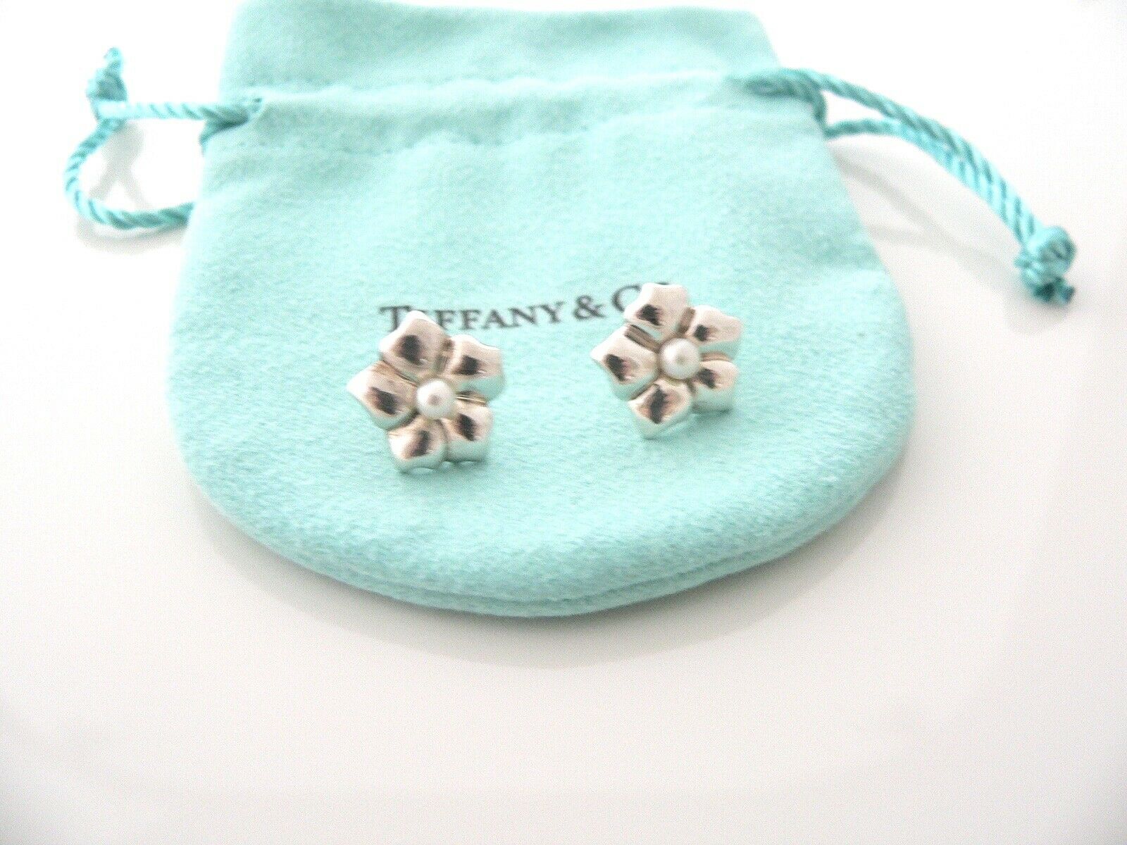 Tiffany & Co Silver Pearl Flower Earrings Studs Gift Pouch Nature Lover Garden