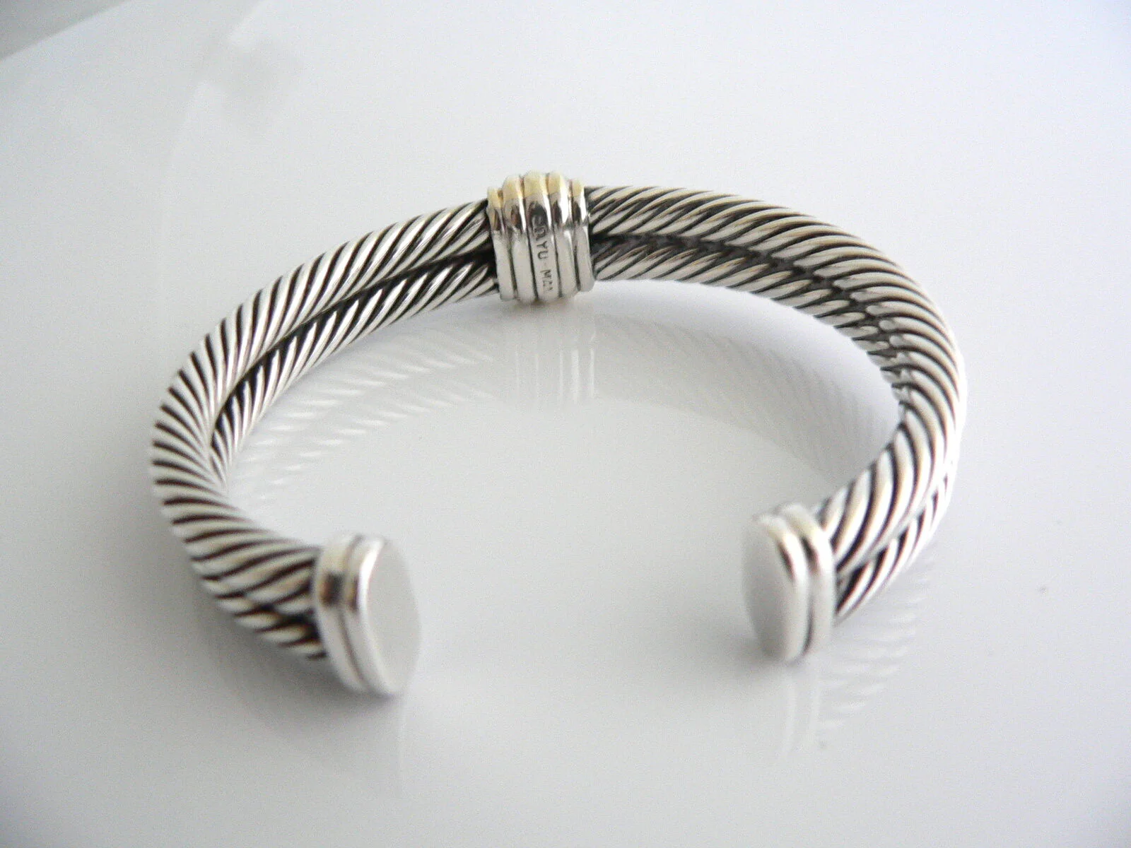 David Yurman Silver 14K Gold Green Quartz Wide Classic Cable Cuff Bracelet Gift