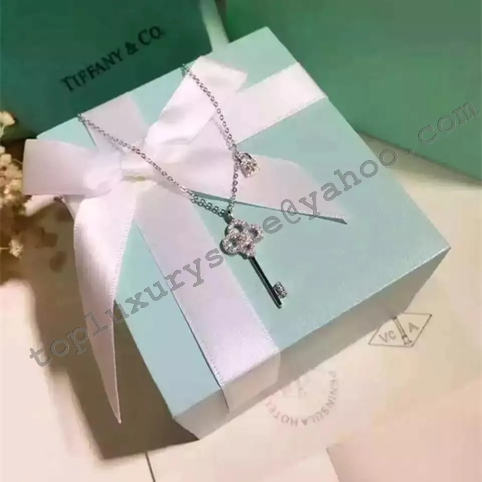Tiffany Keys Crown Key Pendant Phony With Diamonds Sterling Silver Chain Necklace Jewelry UK Sale
