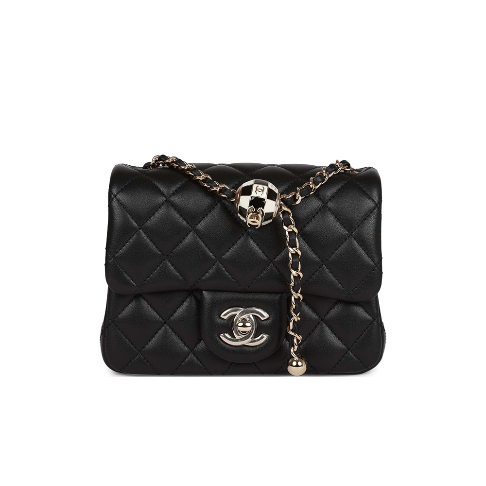 Chanel Lambskin Quilted Enamel CC Pearl Crush Mini Flap Black Shoulder Bag(Replica)