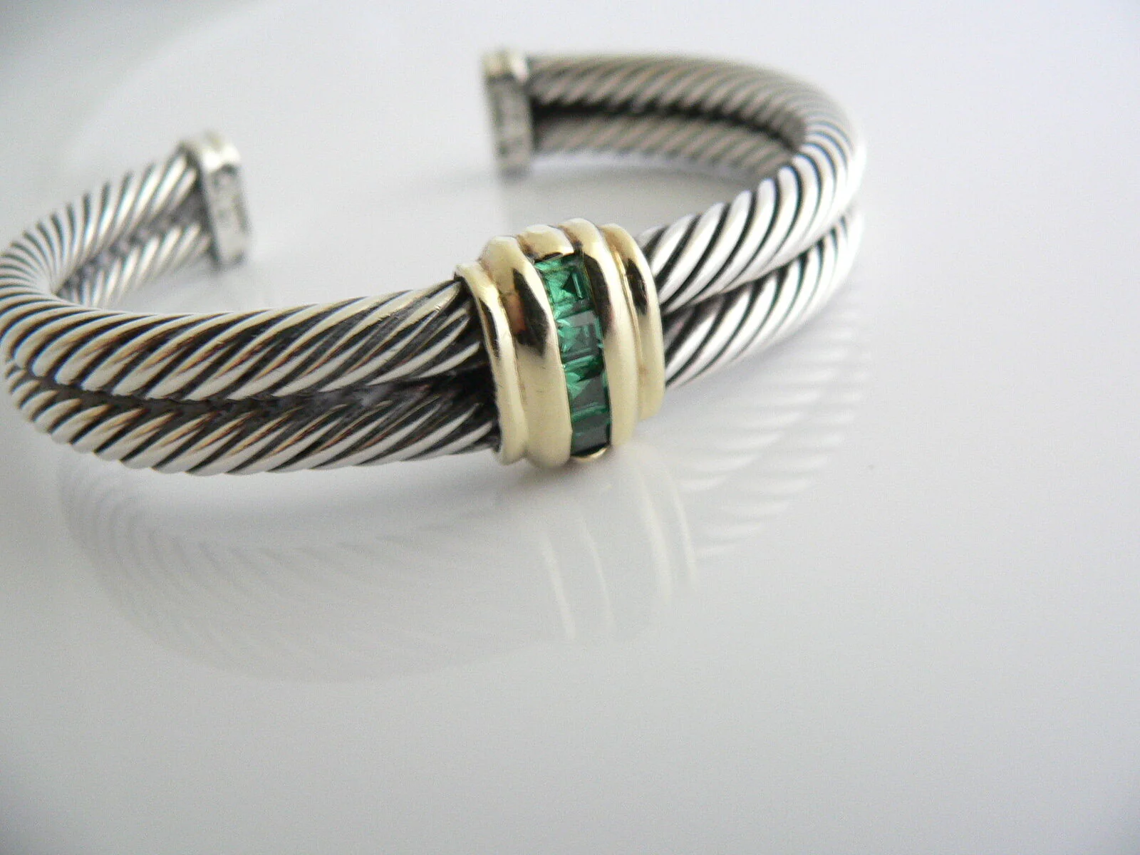 David Yurman Silver 14K Gold Green Quartz Wide Classic Cable Cuff Bracelet Gift