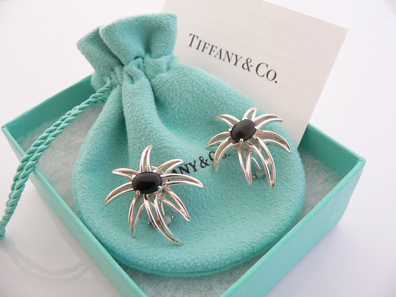 Tiffany & Co Silver Onyx Fireworks Clip On Earrings Gift Pouch Gemstone Love