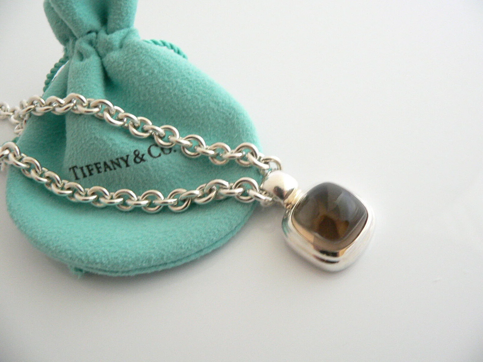 Tiffany & Co Silver Gemstone Toggle Necklace Smoky Quartz Pendant Clasp Gift Art