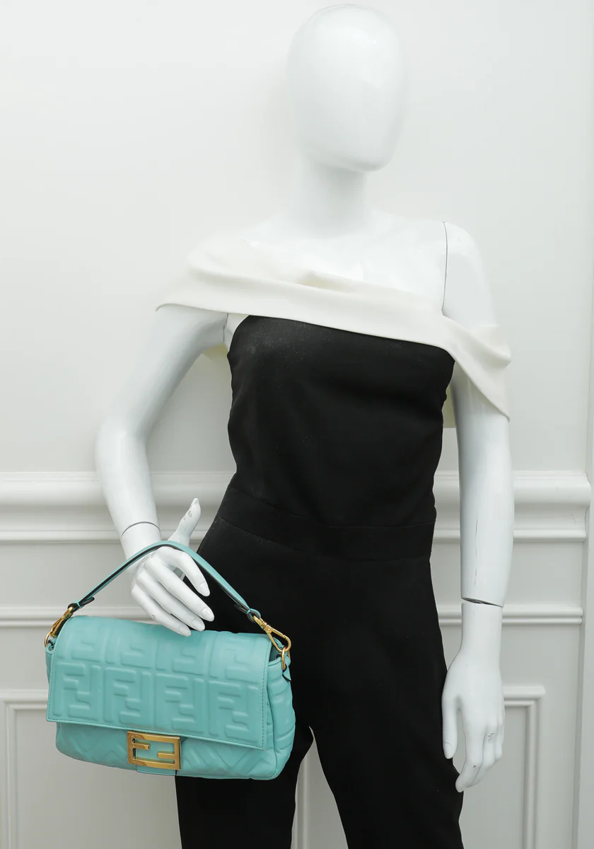 Fendi Tiffany Blue FF Embossed Baguette Medium Bag