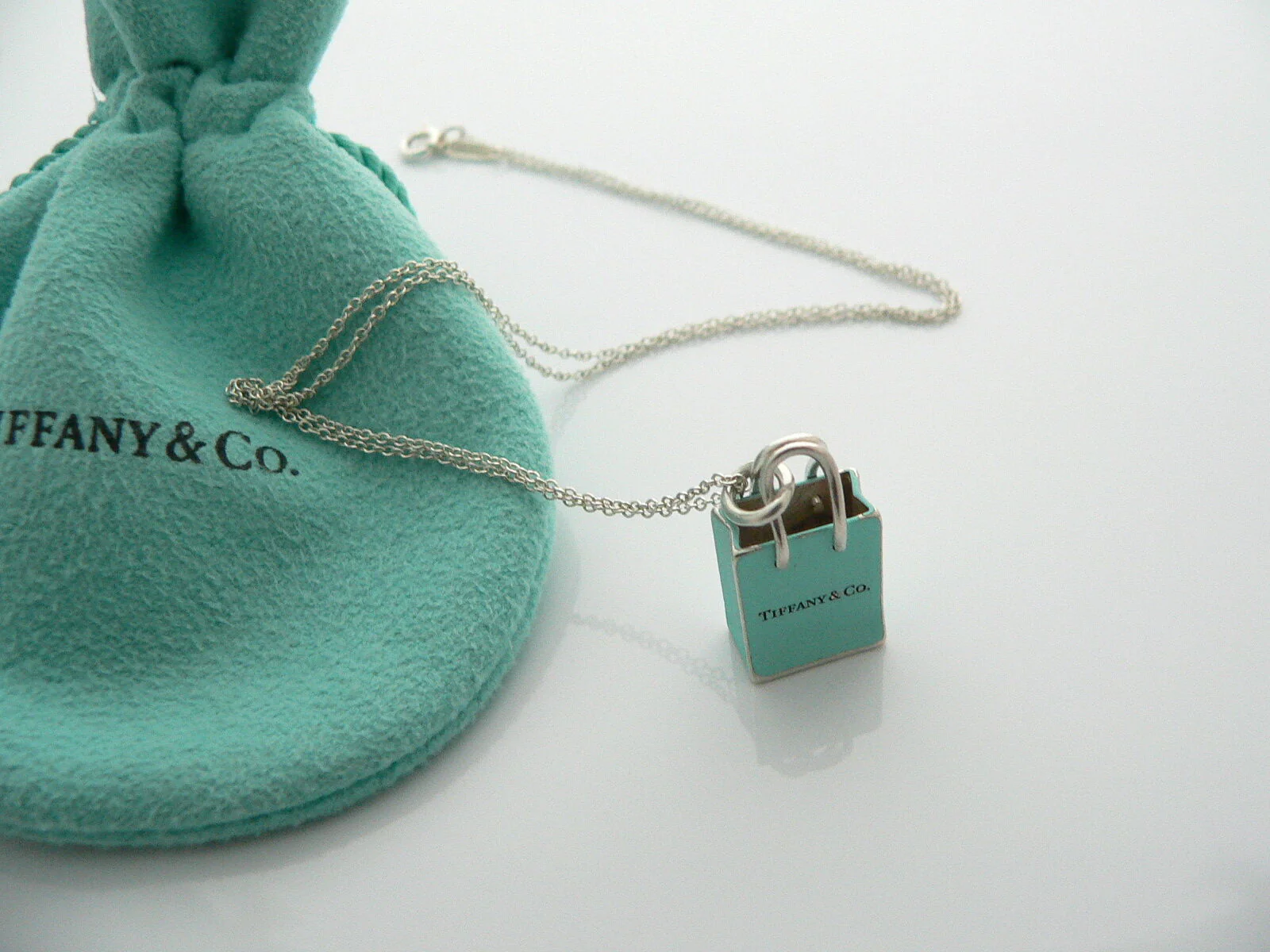 Tiffany & Co Silver Blue Enamel Shopping Bag Necklace Charm Pendant Gift Pouch
