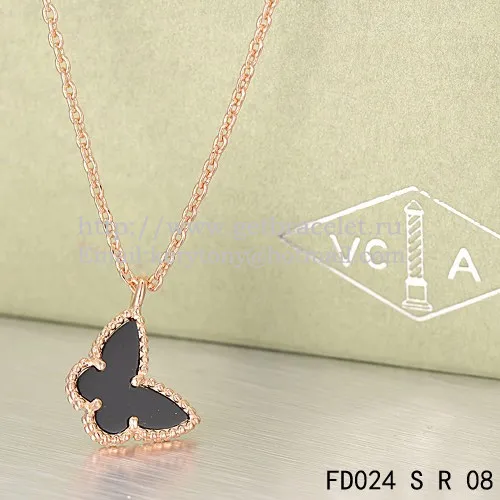 Van Cleef Arpels Lucky Alhambra Butterfly Necklace Pink Gold With Black Onyx Mother Of Pearl