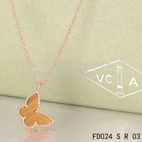 Van Cleef Arpels Lucky Alhambra Butterfly Necklace Pink Gold With Tiger's Eye Mother Of Pearl