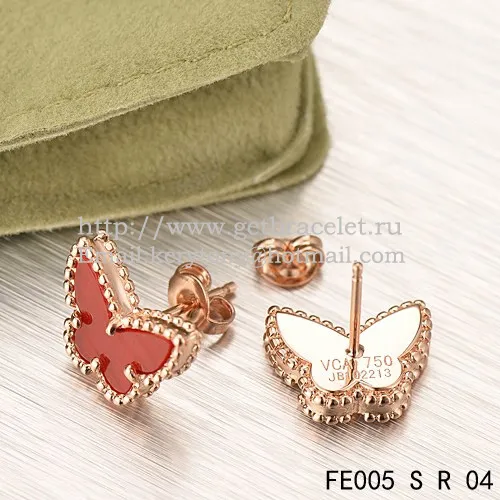 Van Cleef & Arpels Sweet Alhambra Butterfly Earrings Pink Gold With Carnelian Mother Of Pearl