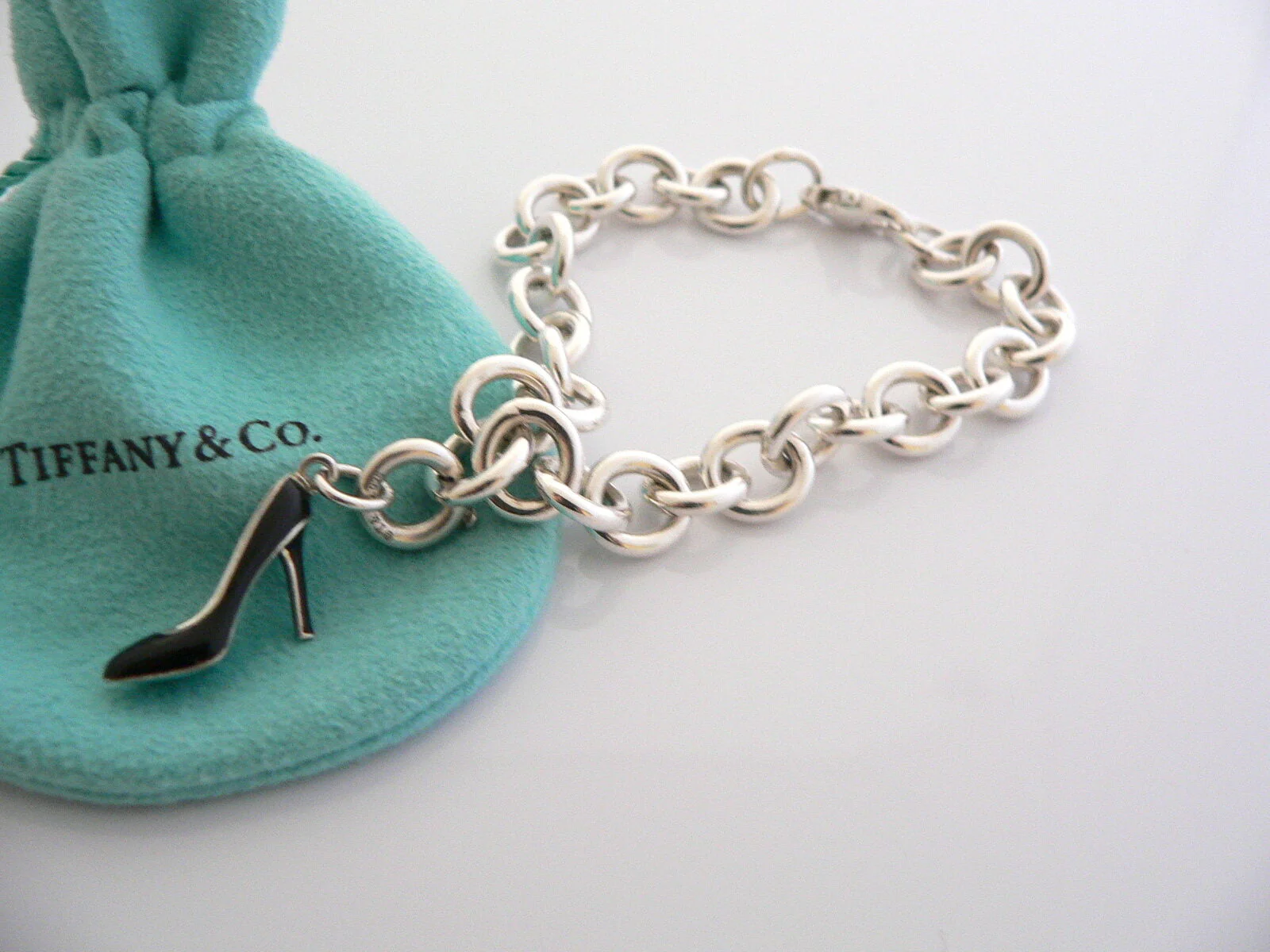 Tiffany & Co Silver Enamel Shoe Bracelet Bangle Charm Pendant Gift Pouch Clasp