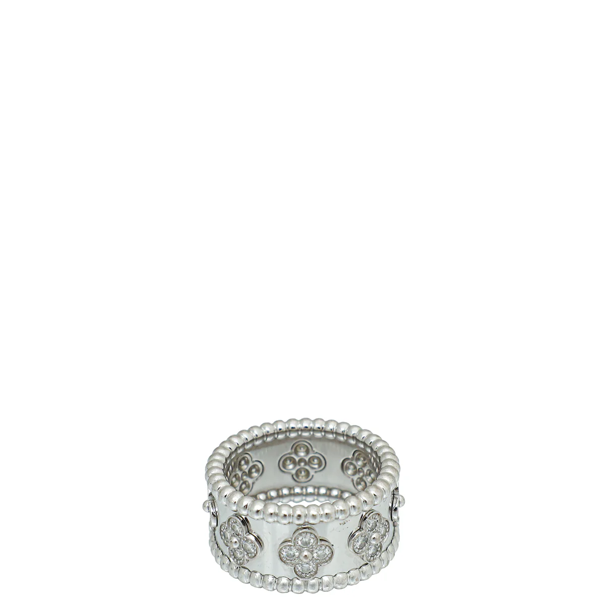 Van Cleef & Arpels 18K White Gold Diamond Perlee Clovers Medium Model Ring 53