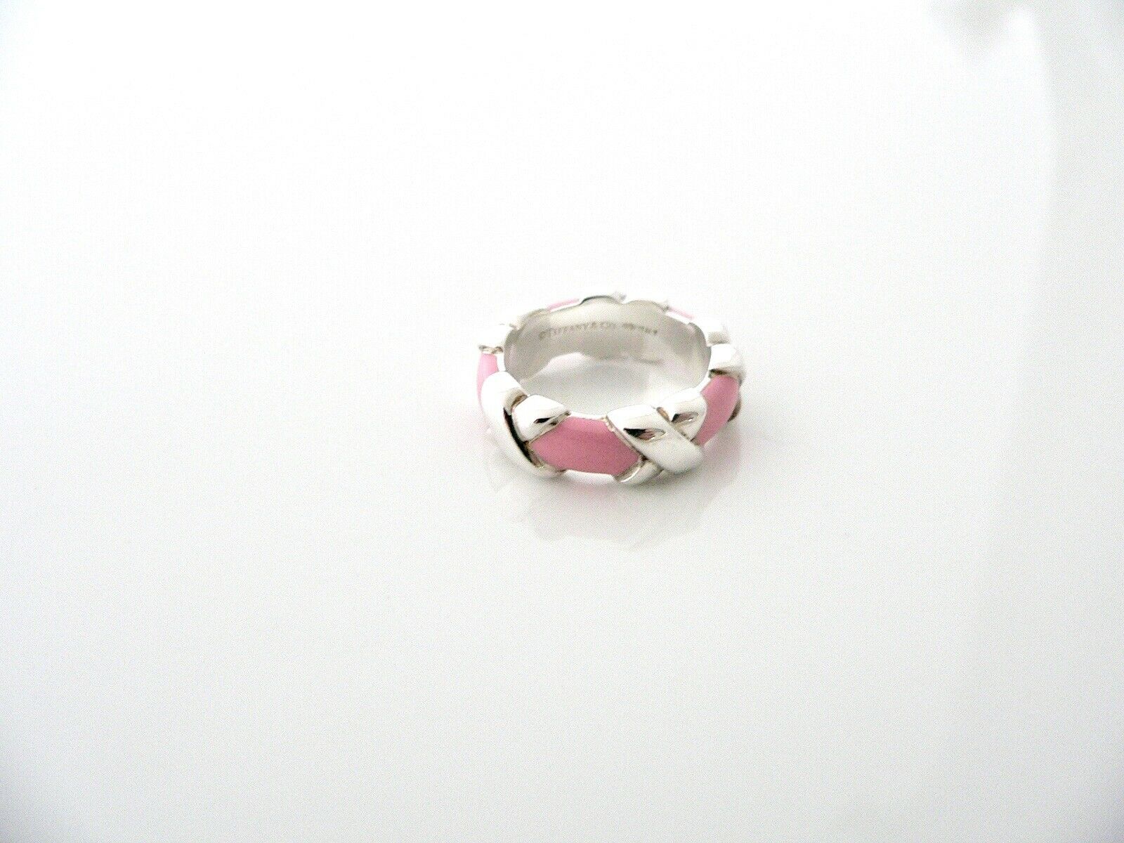 Tiffany & Co Pink Enamel Signature X Ring Band Sz 4.5 Pendant Silver Gift Love