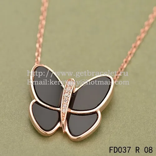 Van Cleef & Arpels Flying Butterfly Pendant Necklace Pink Gold With Black Onyx Diamonds