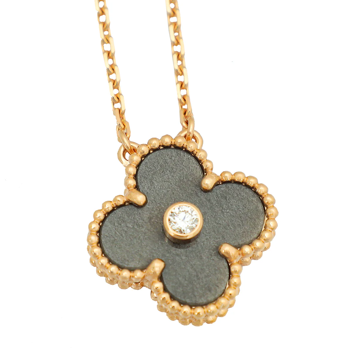 Van Cleef & Arpels 18K Rose Gold Diamond Silver Obsidian Vintage Alhambra 2023 Holiday Pendant Necklace