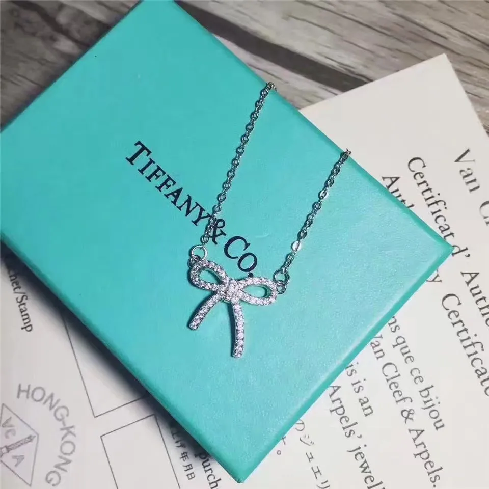 Nice Price Tiffany Bow Bowknot Pendant Studded Crystals Necklace Low Price Sale