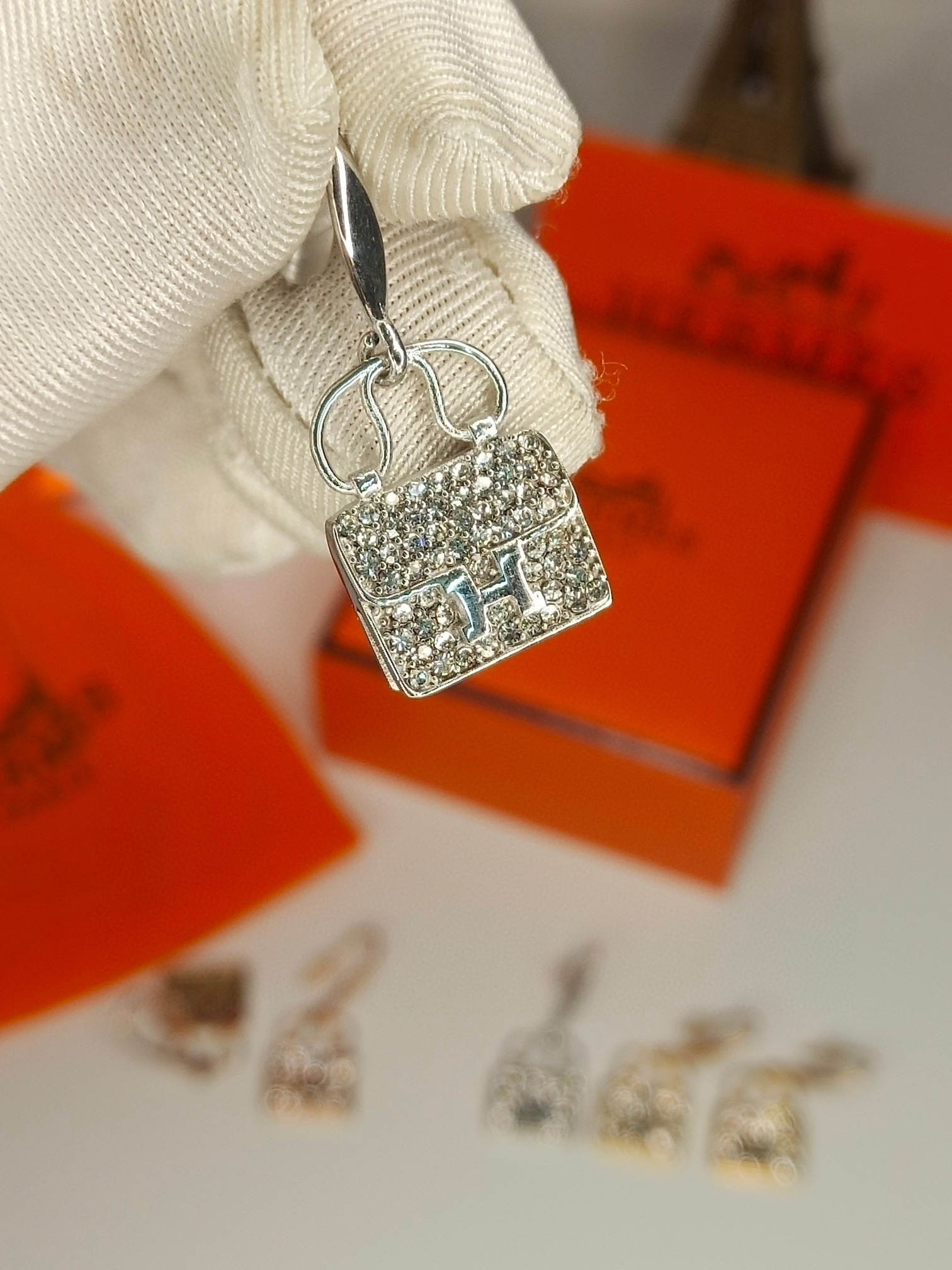 Hermes Bag Earrings, Diamonds, Gold & White Gold