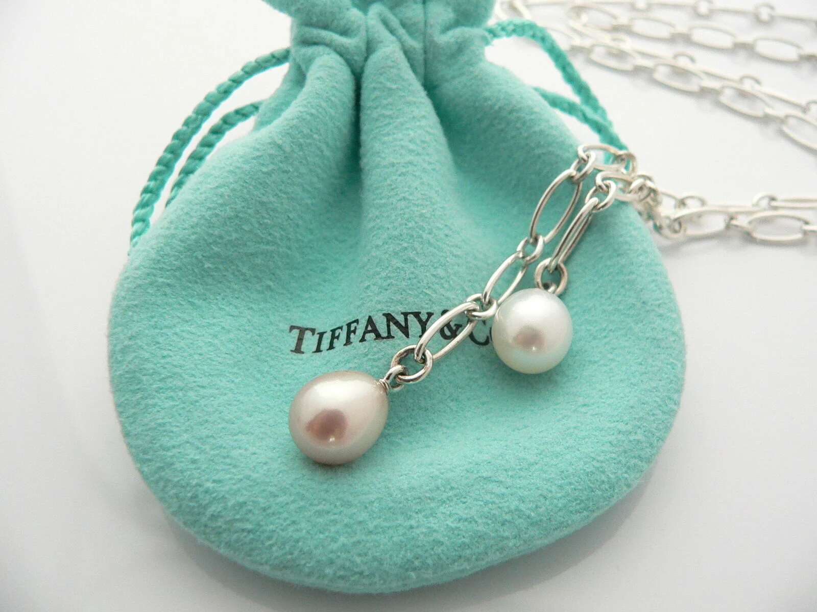Tiffany & Co Pearl Necklace Tassel Oval Link Wrap Chain Charm Love Gift Pouch