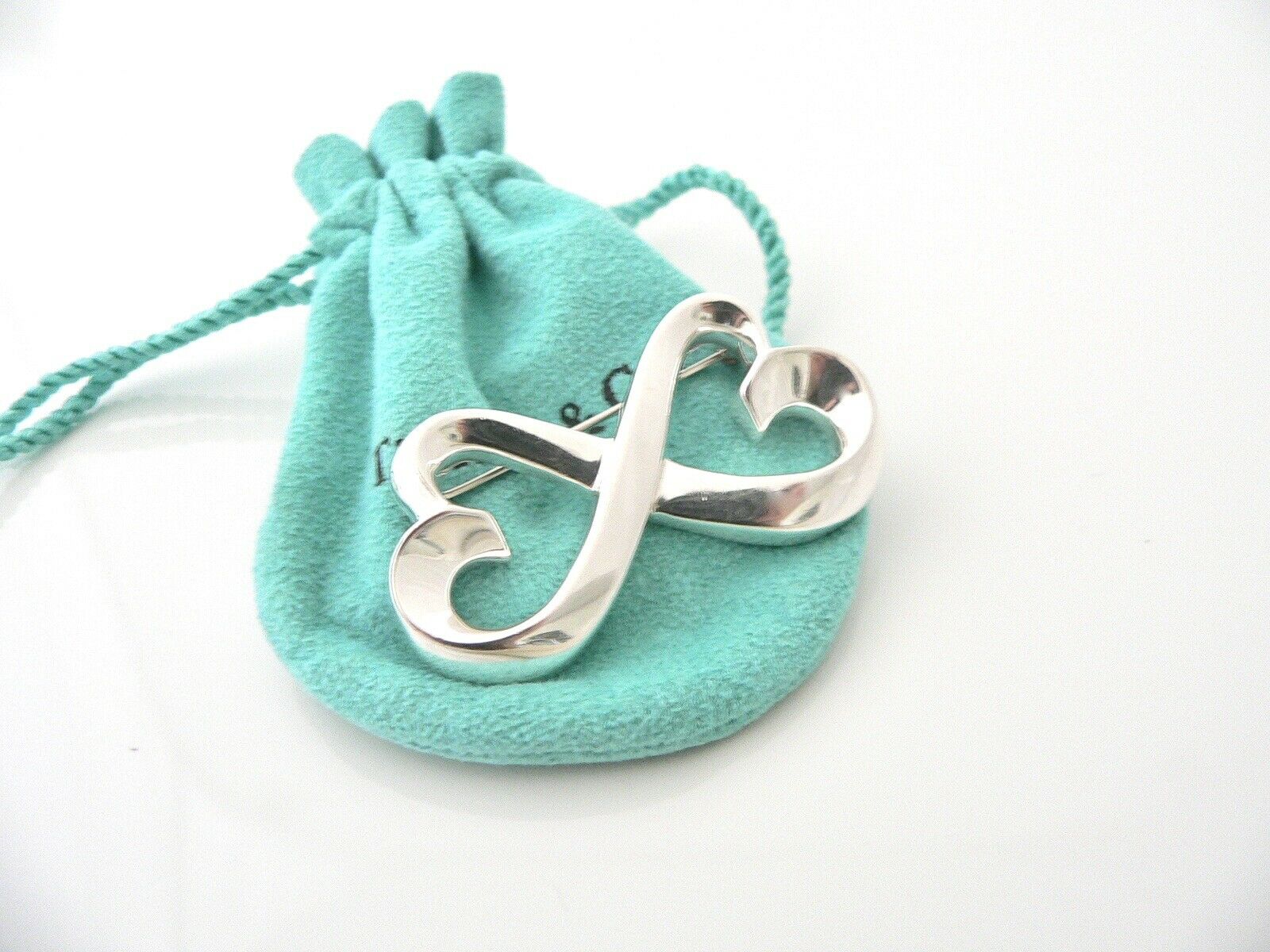 Tiffany & Co Silver Picasso Double Loving Heart Pin Brooch Gift Love Pouch