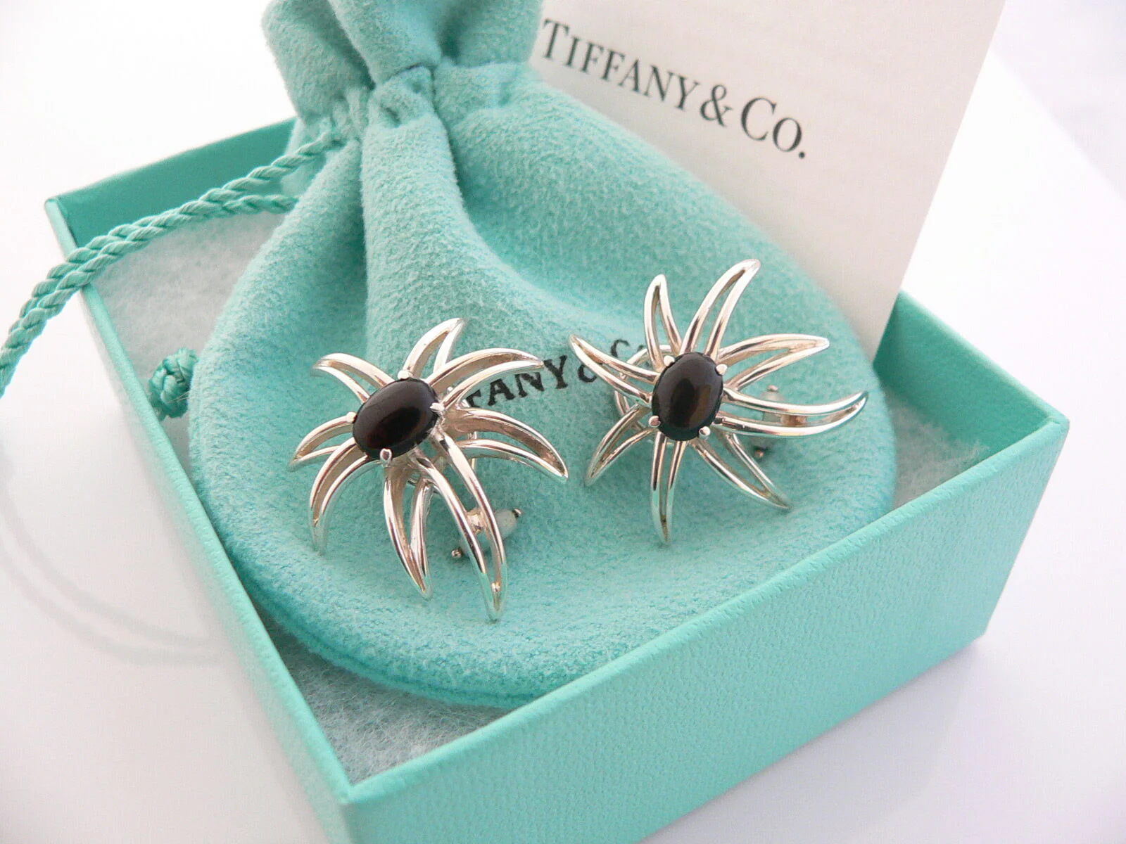 Tiffany & Co Silver Onyx Fireworks Clip On Earrings Gift Pouch Gemstone Love