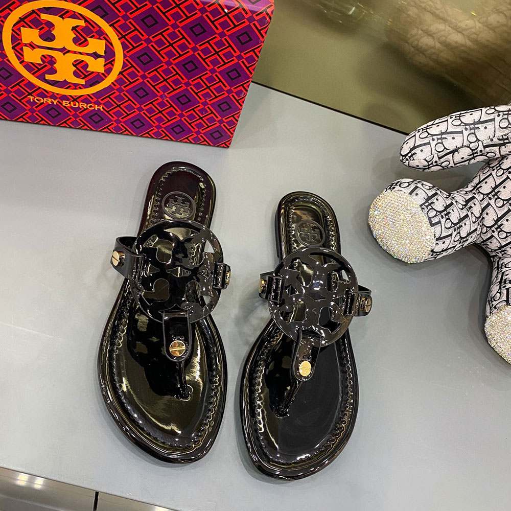 Tory Burch Leather Metal Double T Logo Flip-flops Sandals Slide (Replica)