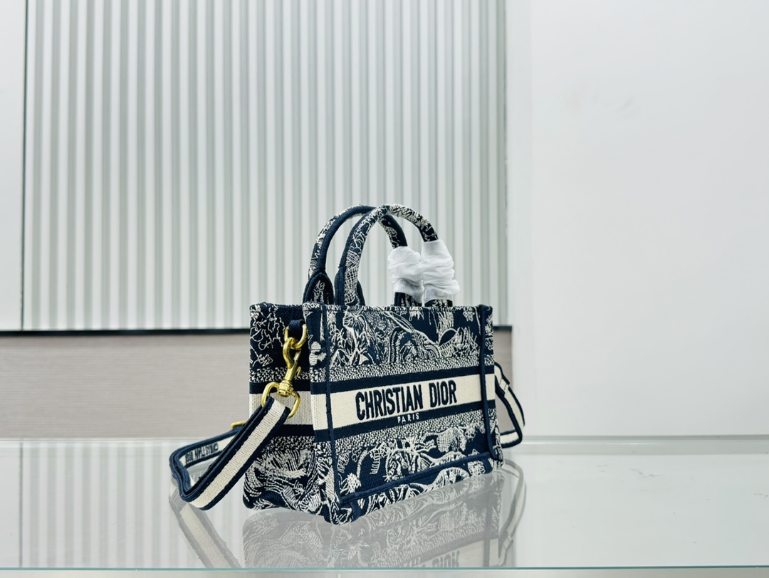 Dior Book Tote Mini Black And Blue Tiger Embroider Shoulder Bag Handbag