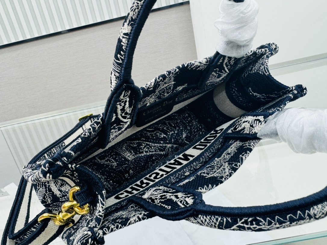 Dior Book Tote Mini Black And Blue Tiger Embroider Shoulder Bag Handbag