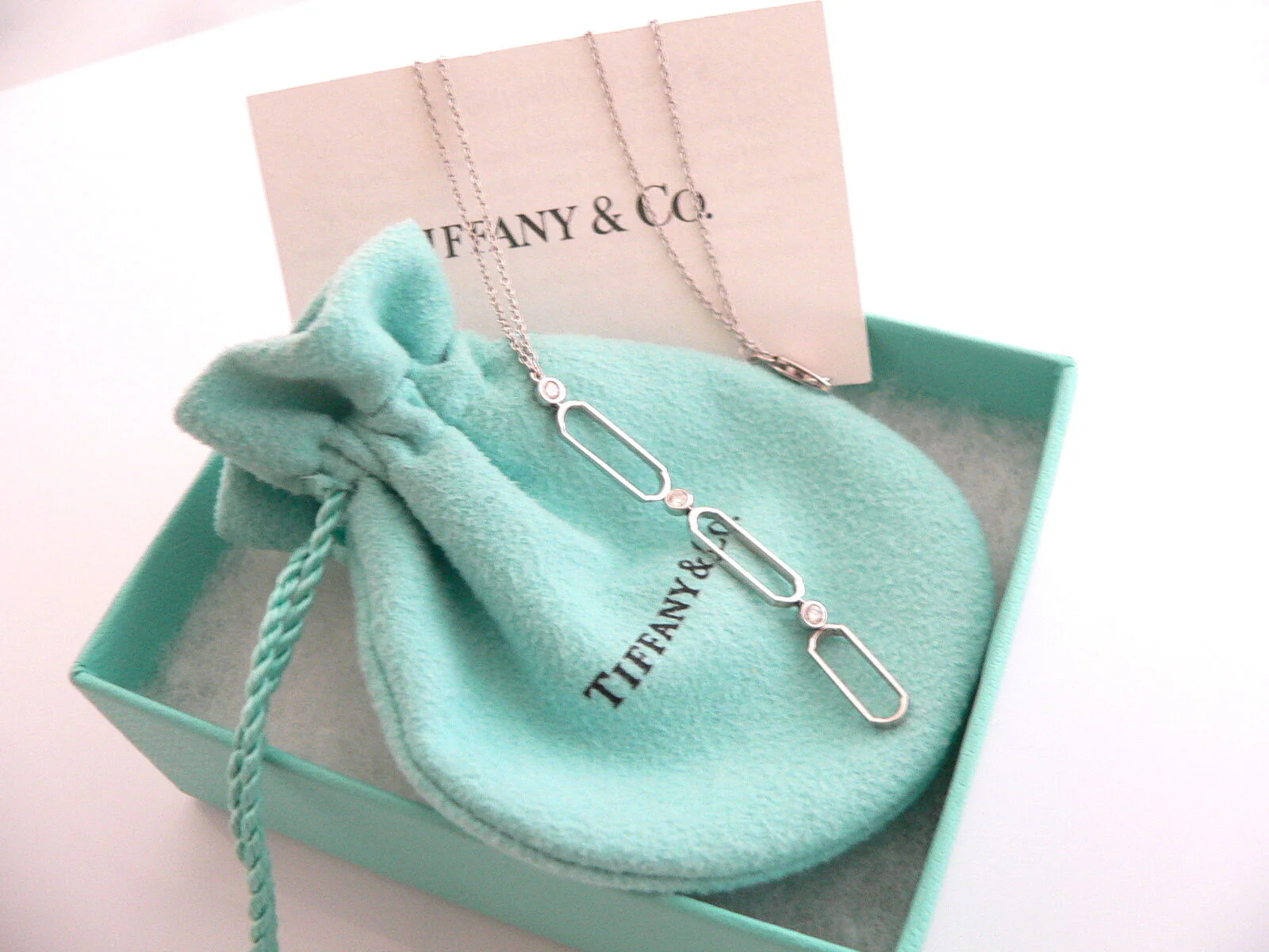 Tiffany & Co 18K Gold Necklace Diamonds Oval Link Paper Clip Dangling Pendant