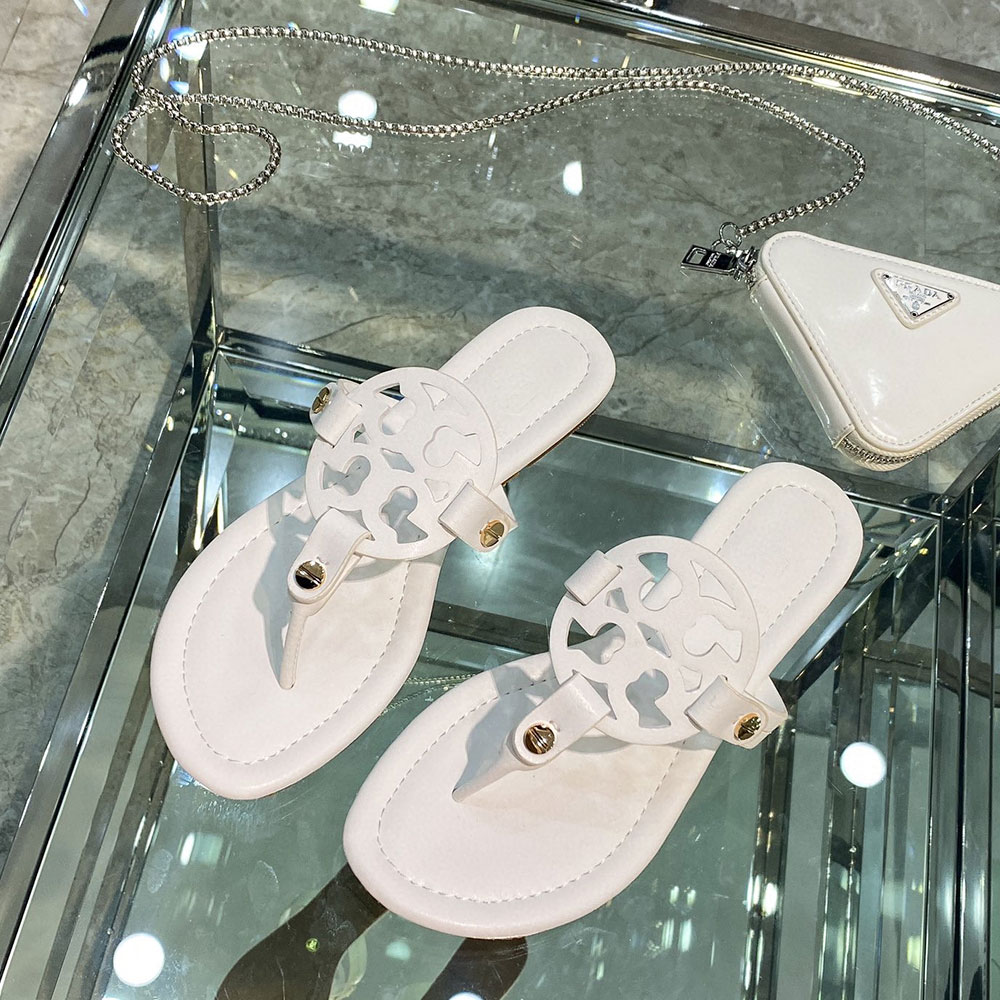 Tory Burch Leather Metal Double T Logo Flip-flops Sandals Slide (Replica)