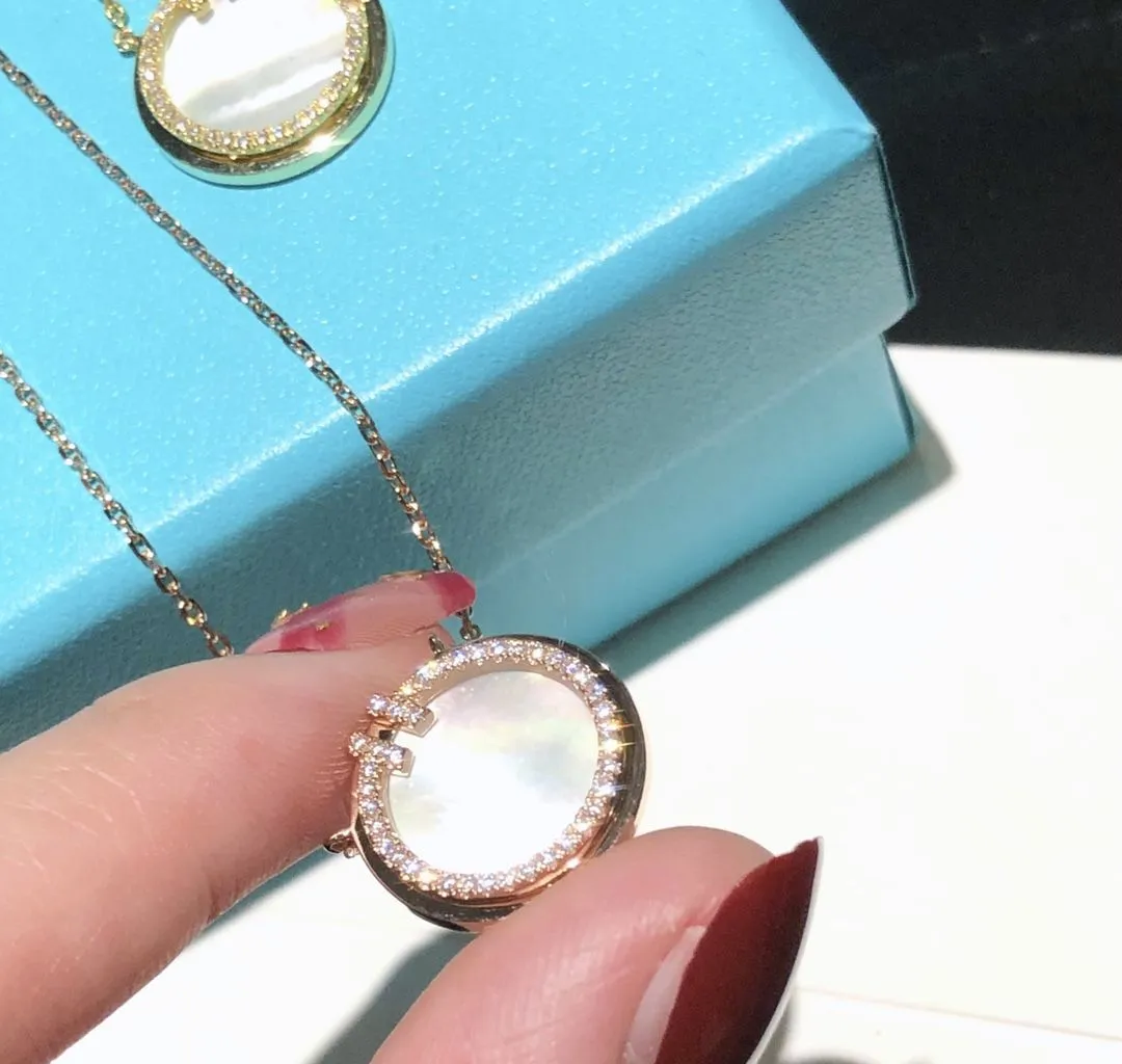 Women's Latest Style Tiffany Double T Diamonds Circle Mother-Of-Pearl Pendant Silver Necklace