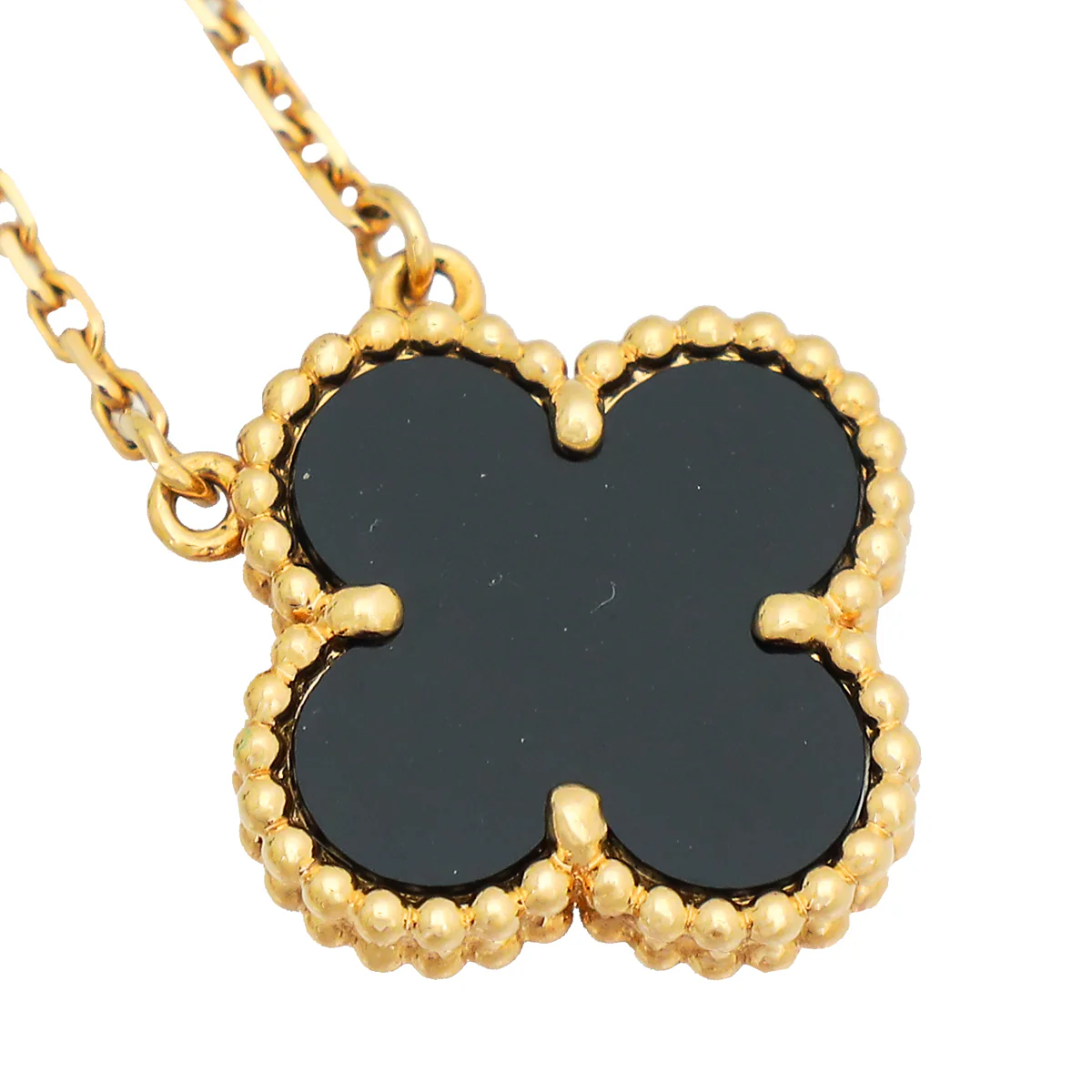 Van Cleef & Arpels 18K Yellow Gold Onyx Vintage Alhambra Necklace