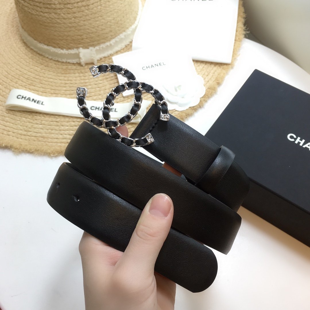 Chanel Belt With Double C Buckle Black with Silver mix Black Hardware Women Belt 30MM