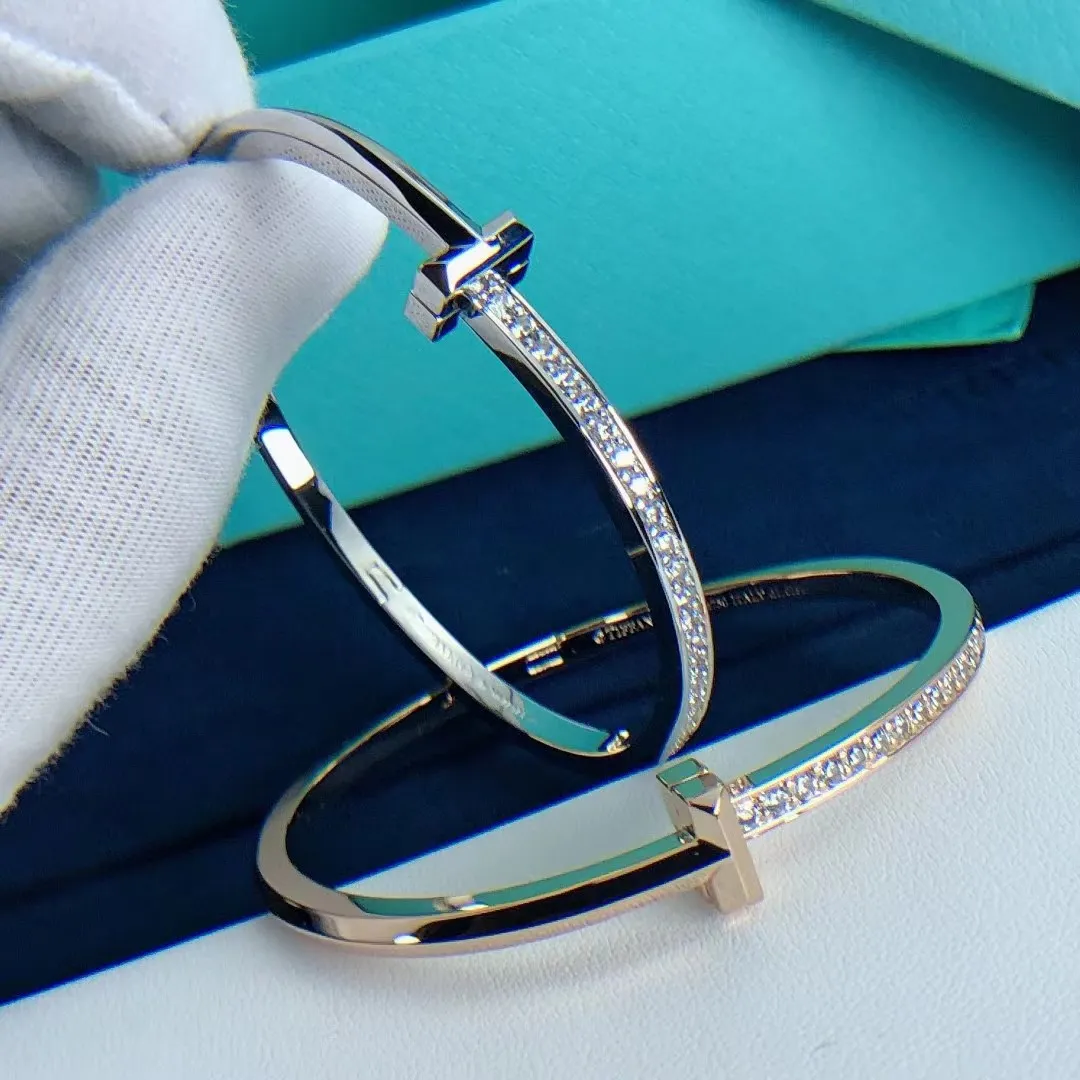 Tiffany T T1 Narrow Hinged Bangle With Diamonds Champagne Gold/White Gold