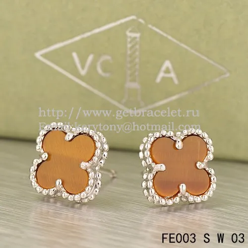 Van Cleef & Arpels Sweet Alhambra Earrings White Gold With Tiger's Eye Mother Of Pearl