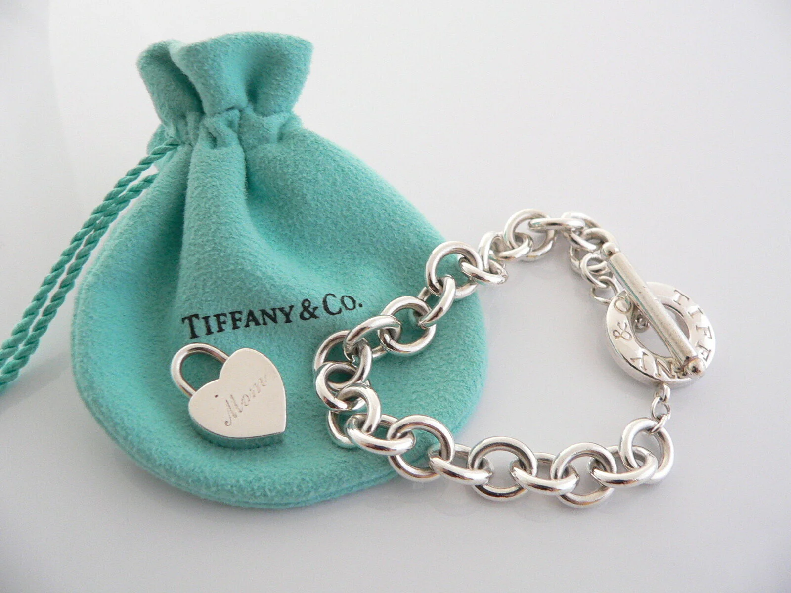 Tiffany & Co Silver Mom Heart Padlock Charm Pendant Toggle Bracelet Gift Pouch