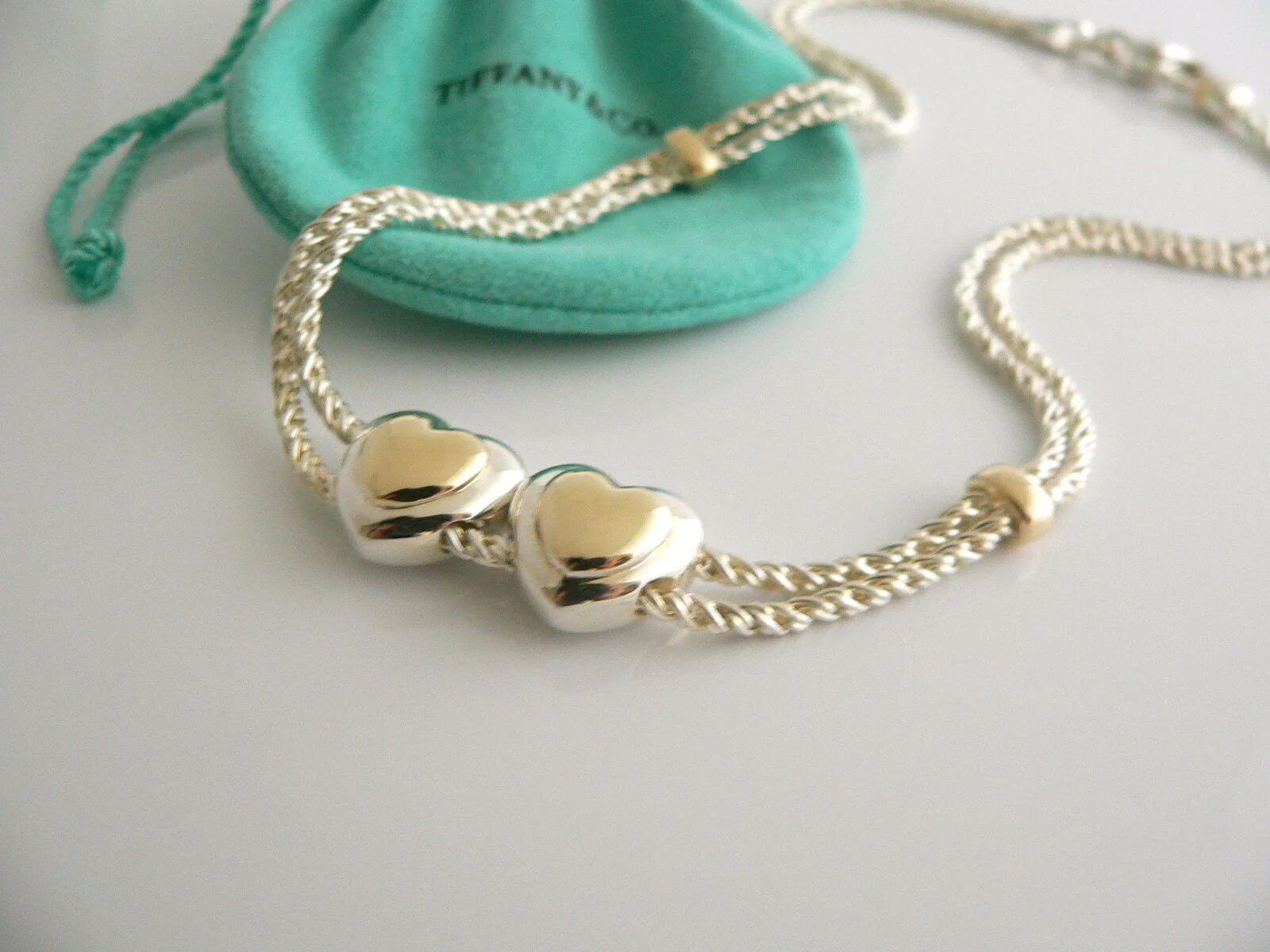 Tiffany & Co Silver 18K Gold Double Rope Sliding Puff Heart Necklace Charm Love
