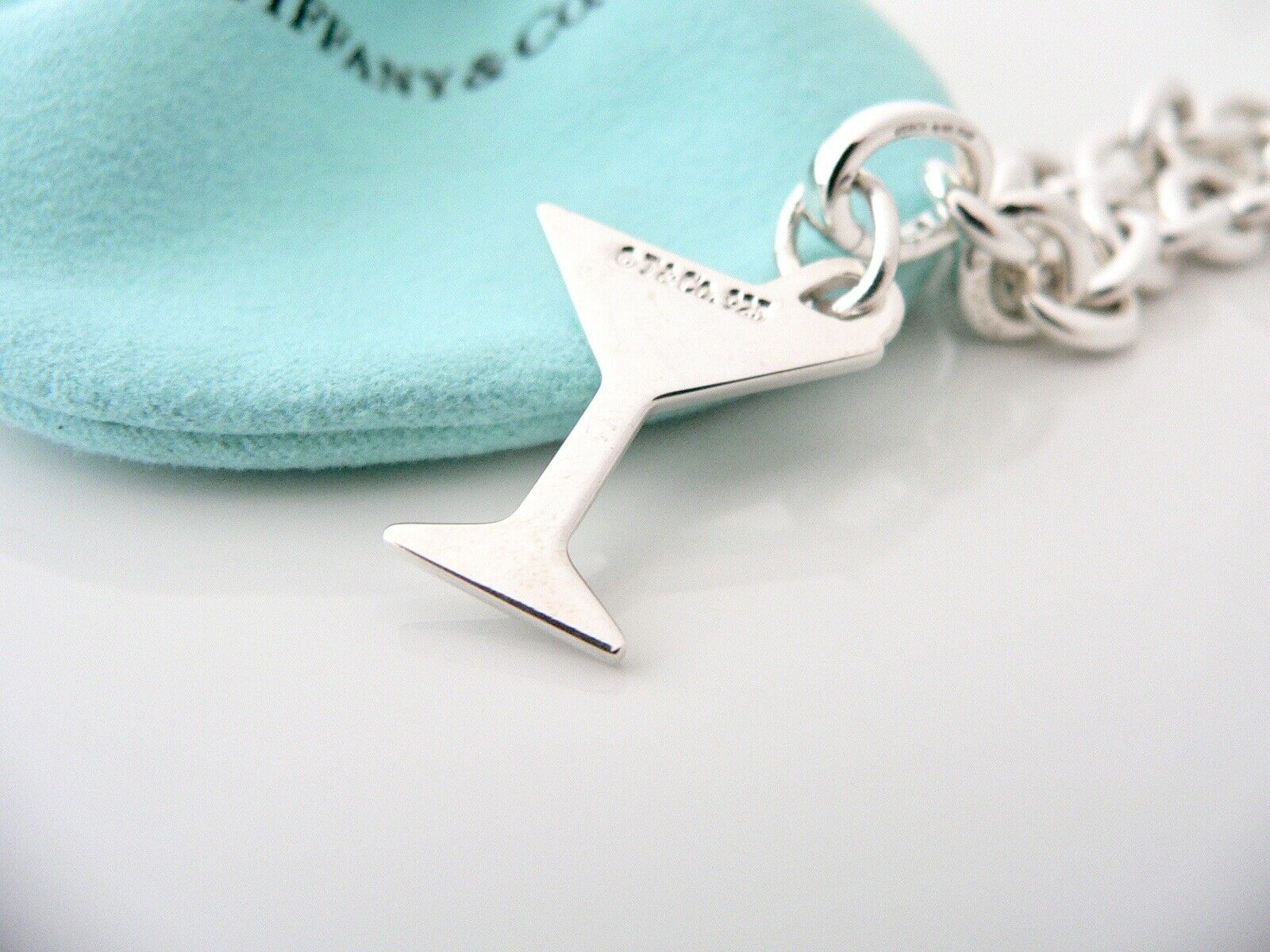 Tiffany & Co Martini Glass Olive Drink Bracelet Charm Chain Silver Pouch Gift