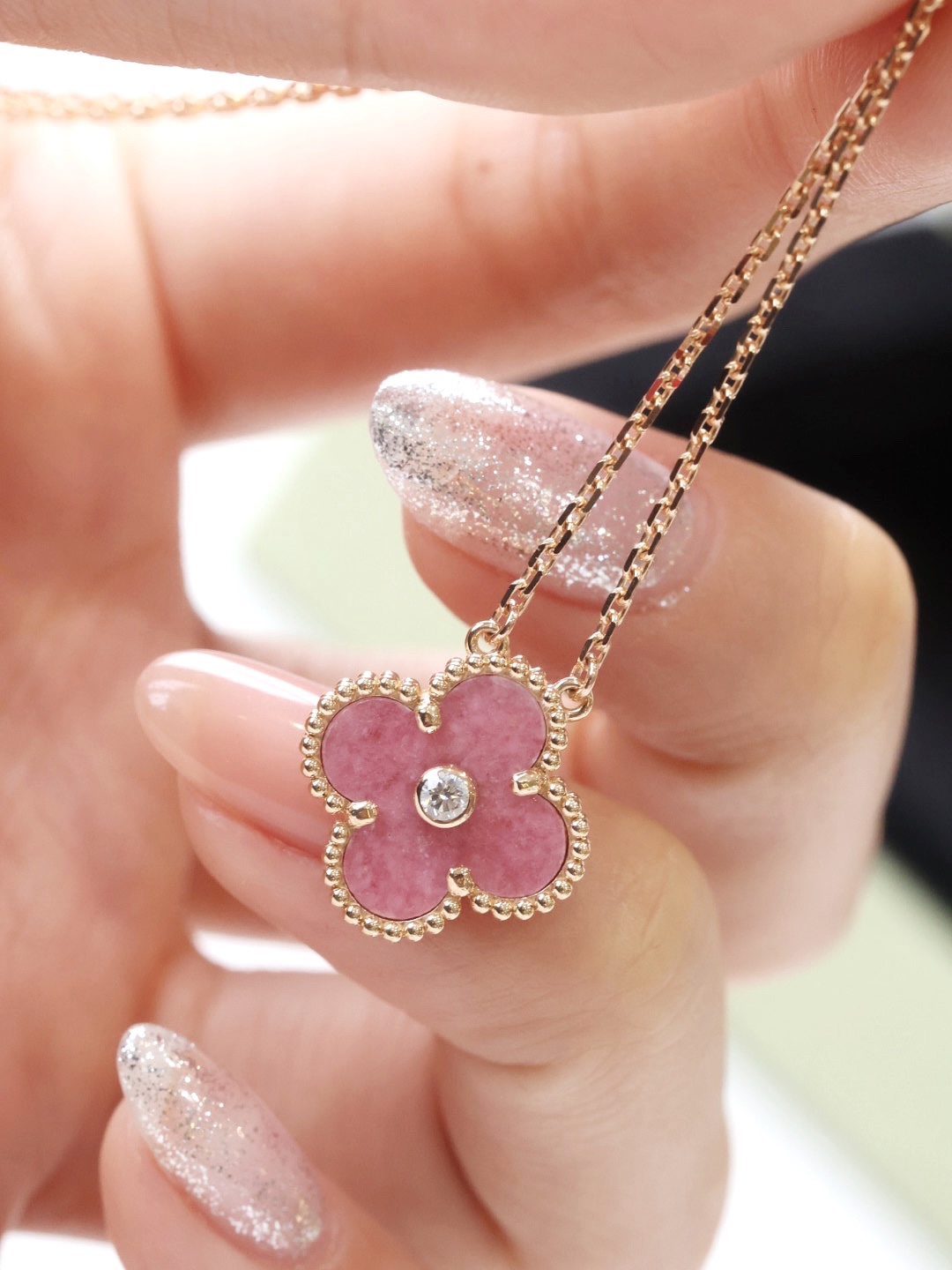 Van Cleef & Arpels Pink Rose Clover Necklace with Diamonds, Vintage Alhambra pendant