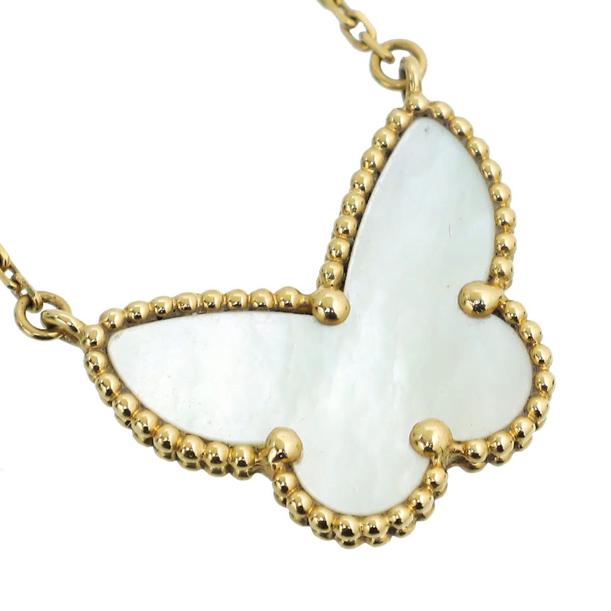 Van Cleef & Arpels 18K Yellow Gold MOP Lucky Alhambra Butterfly Pendant Necklace