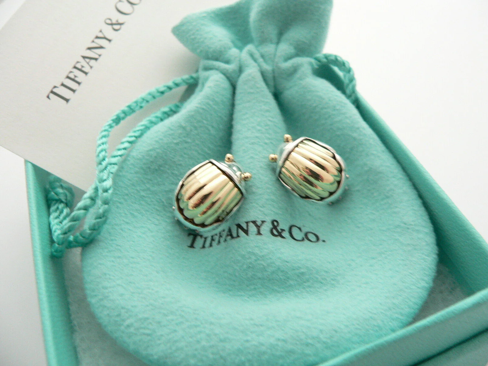 Tiffany & Co Scarab Earrings Silver 18K Gold Bug Beetle Love Gift Pouch Box Art