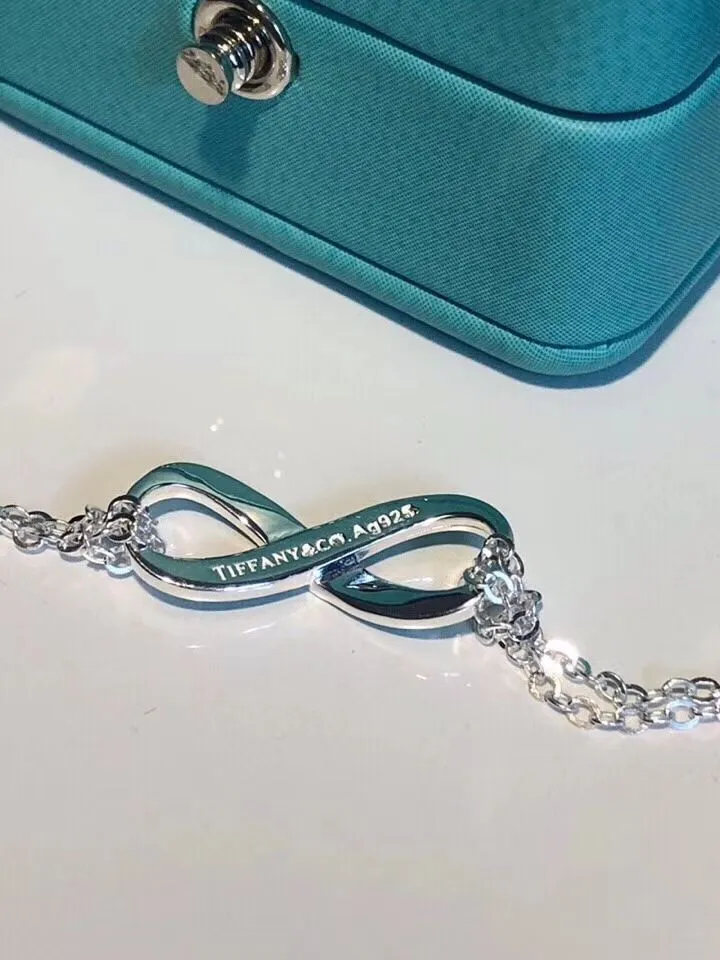 Fashion Tiffany Infinity Silver Double Chains Fashion Blue Enamel Finish Pendant Bracelet Engagement Lady Jewelrys GRP09427