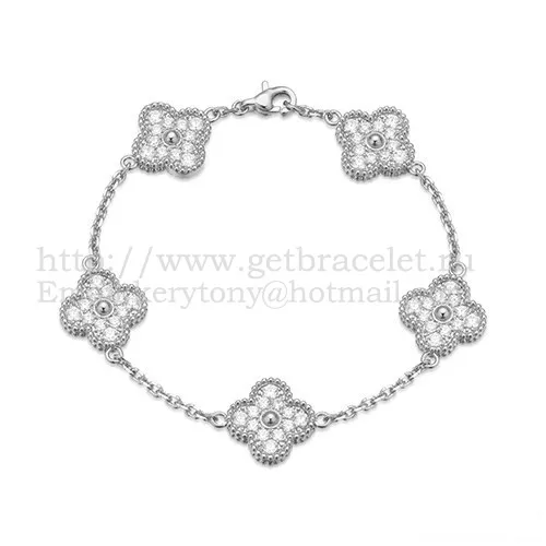 Van Cleef & Arpels Vintage Alhambra Bracelet 5 Motifs White Gold With Round Diamonds