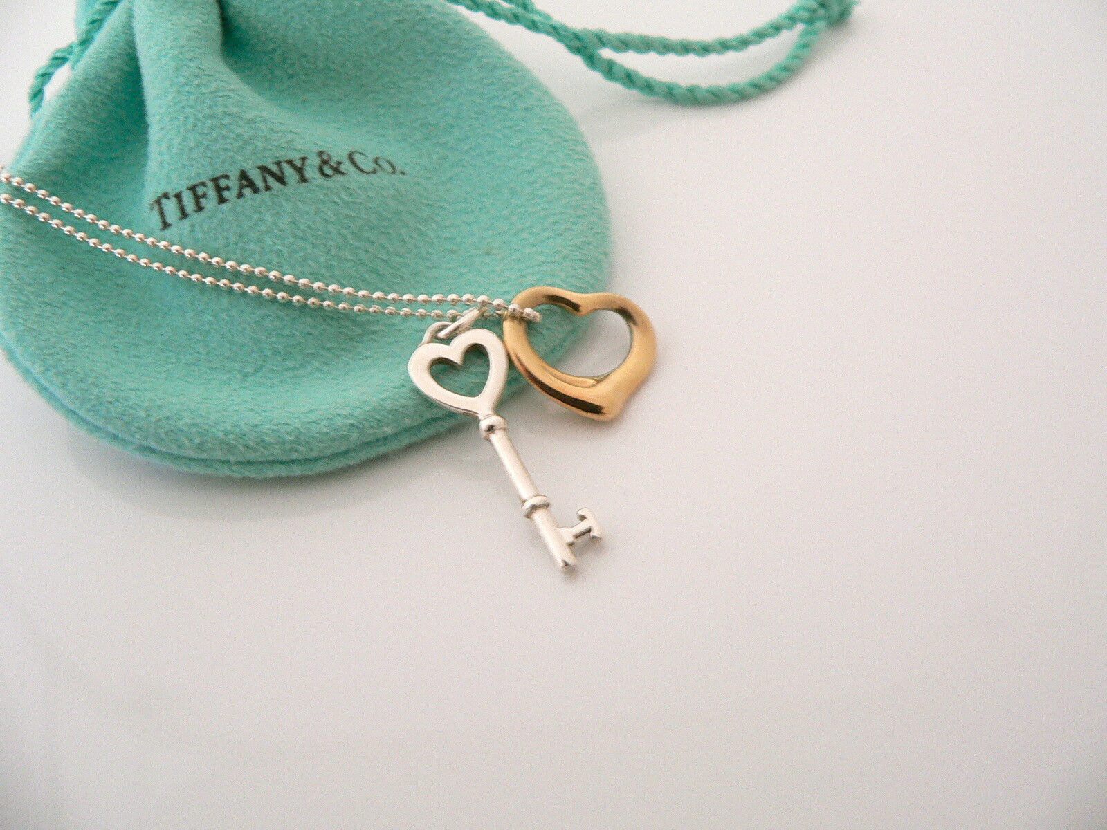 Tiffany Co Silver 18K Gold Open Heart Key Necklace Pendant Charm Chain Gift Love