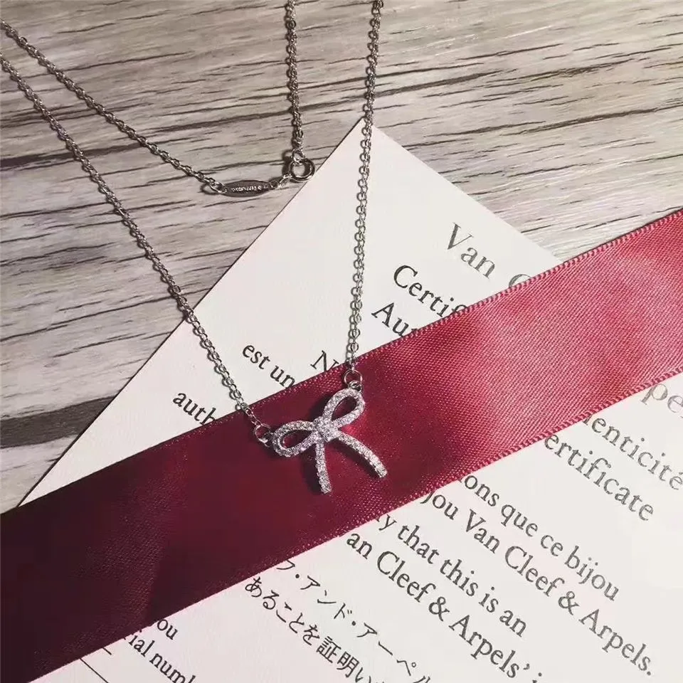 Nice Price Tiffany Bow Bowknot Pendant Studded Crystals Necklace Low Price Sale