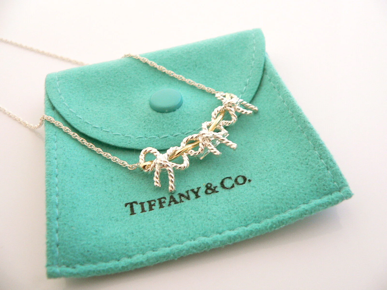 Tiffany & Co Silver 18K Gold Triple Ribbon Bow Necklace Pendant 19 In Gift Pouch