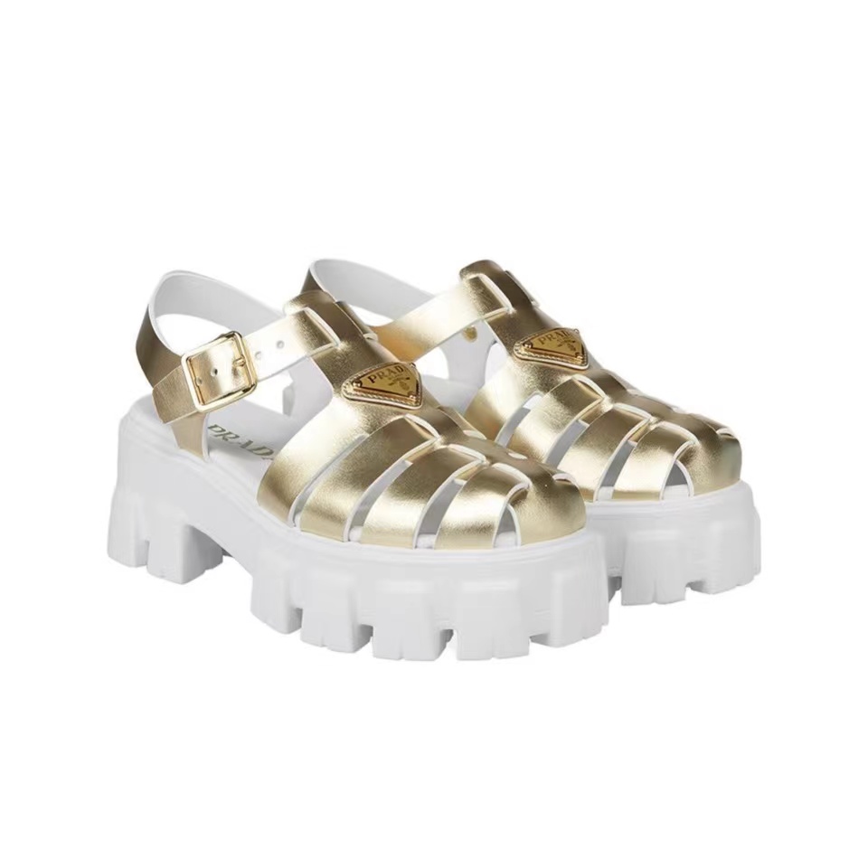 Prada  Leather Round Head Buckle Sandals Slide (Replica)
