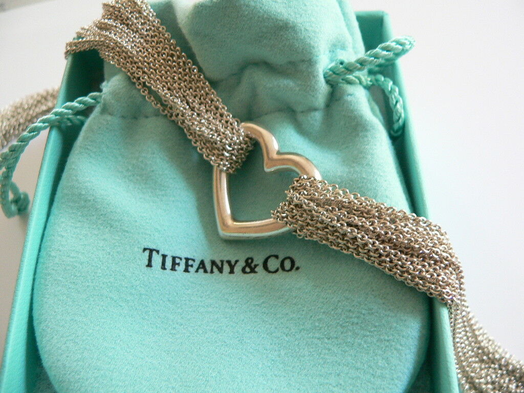 Tiffany & Co Heart Mesh Necklace Pendant Chain Rare Gift Multi Strand Silver