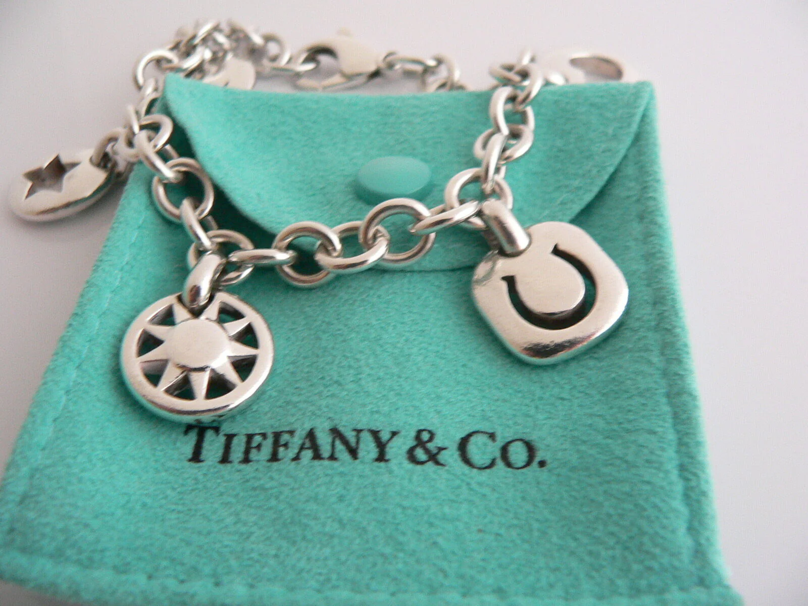 Tiffany & Co Silver Heart Sun Star Moon Horseshoe Bracelet Stencil Charm Bangle