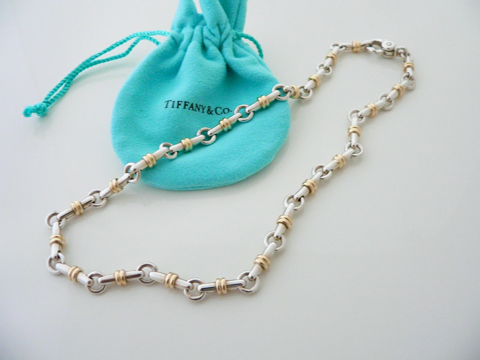 Tiffany & Co Silver Gold Bar Link Tube Necklace Pendant Chain Gift Pouch Cocktail Party Heavy